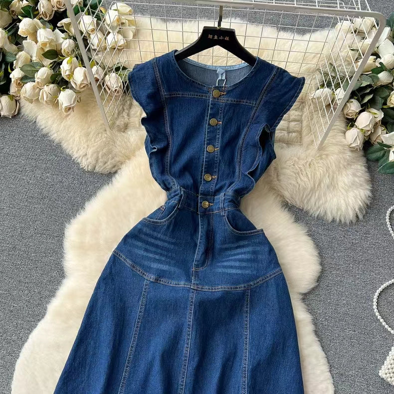 Vintage French Audrey Hepburn Waisted Design Denim Dress TP2836