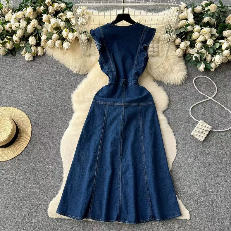 Vintage French Audrey Hepburn Waisted Design Denim Dress TP2836