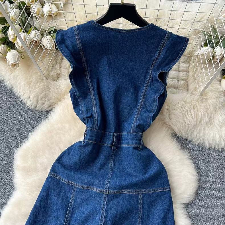 Vintage French Audrey Hepburn Waisted Design Denim Dress TP2836