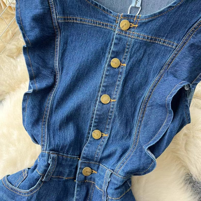 Vintage French Audrey Hepburn Waisted Design Denim Dress TP2836