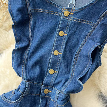 Vintage French Audrey Hepburn Waisted Design Denim Dress TP2836
