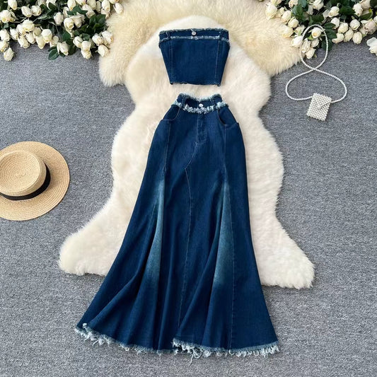 Fashion Sexy Sleeveless Tank Top High Waisted Fishtail Denim Skirt Two-piece Set TP2837