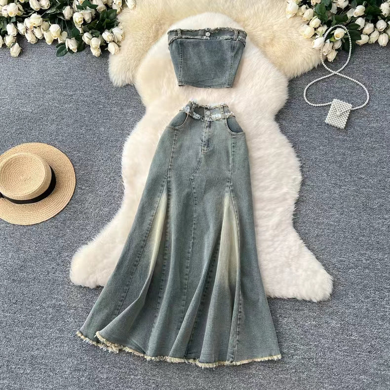 Fashion Sexy Sleeveless Tank Top High Waisted Fishtail Denim Skirt Two-piece Set TP2837