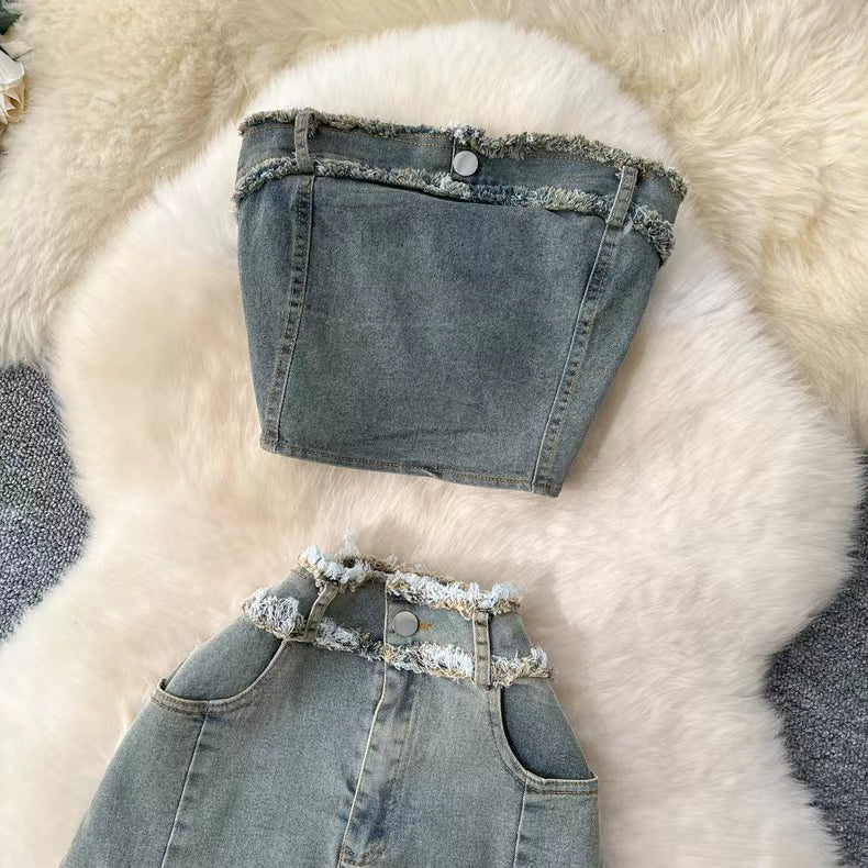 Fashion Sexy Sleeveless Tank Top High Waisted Fishtail Denim Skirt Two-piece Set TP2837