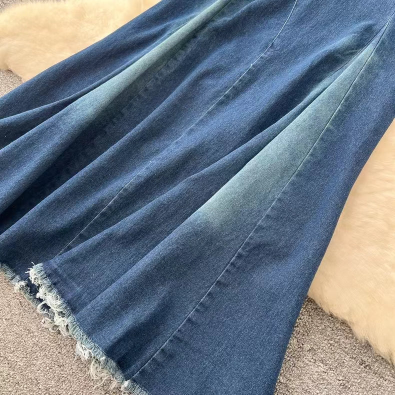 Fashion Sexy Sleeveless Tank Top High Waisted Fishtail Denim Skirt Two-piece Set TP2837