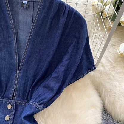 Stylish Summer Advanced Deep V-neck Waist Slim Pleated Casual Denim Dress TP2838