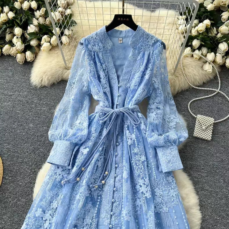 Vintage French V-neck Lantern Sleeve Single-breasted Waist Draw-in Embroidered Dress TP2839