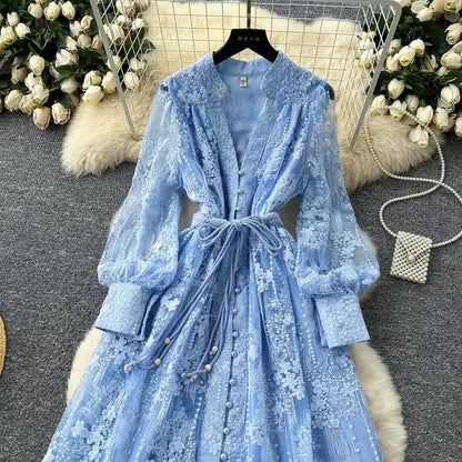 Vintage French V-neck Lantern Sleeve Single-breasted Waist Draw-in Embroidered Dress TP2839
