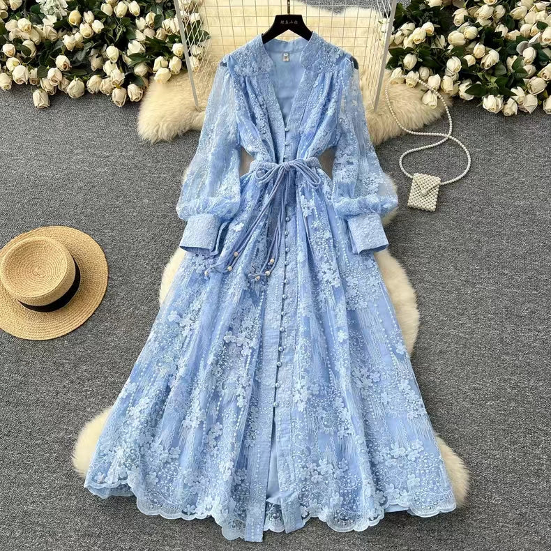 Vintage French V-neck Lantern Sleeve Single-breasted Waist Draw-in Embroidered Dress TP2839
