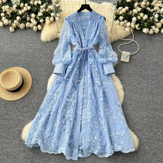 Vintage French V-neck Lantern Sleeve Single-breasted Waist Draw-in Embroidered Dress TP2839