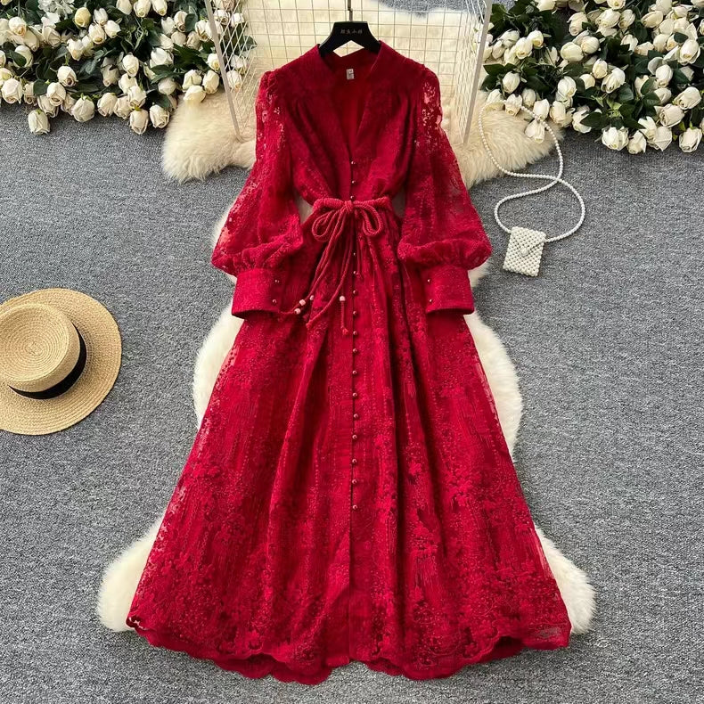 Vintage French V-neck Lantern Sleeve Single-breasted Waist Draw-in Embroidered Dress TP2839
