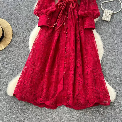 Vintage French V-neck Lantern Sleeve Single-breasted Waist Draw-in Embroidered Dress TP2839
