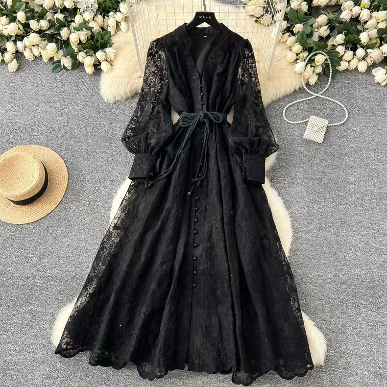 Vintage French V-neck Lantern Sleeve Single-breasted Waist Draw-in Embroidered Dress TP2839