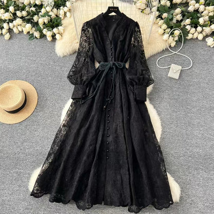 Vintage French V-neck Lantern Sleeve Single-breasted Waist Draw-in Embroidered Dress TP2839