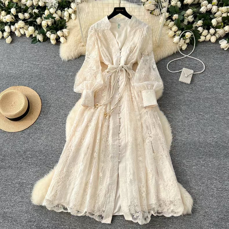 Vintage French V-neck Lantern Sleeve Single-breasted Waist Draw-in Embroidered Dress TP2839