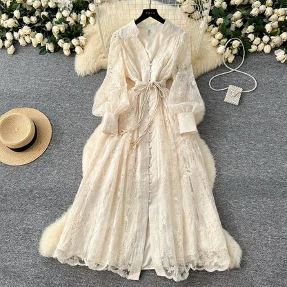 Vintage French V-neck Lantern Sleeve Single-breasted Waist Draw-in Embroidered Dress TP2839