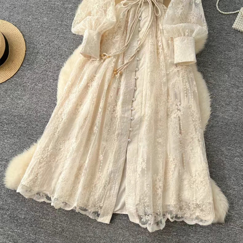 Vintage French V-neck Lantern Sleeve Single-breasted Waist Draw-in Embroidered Dress TP2839