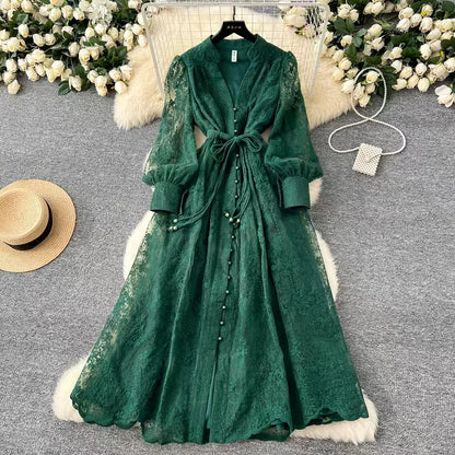 Vintage French V-neck Lantern Sleeve Single-breasted Waist Draw-in Embroidered Dress TP2839