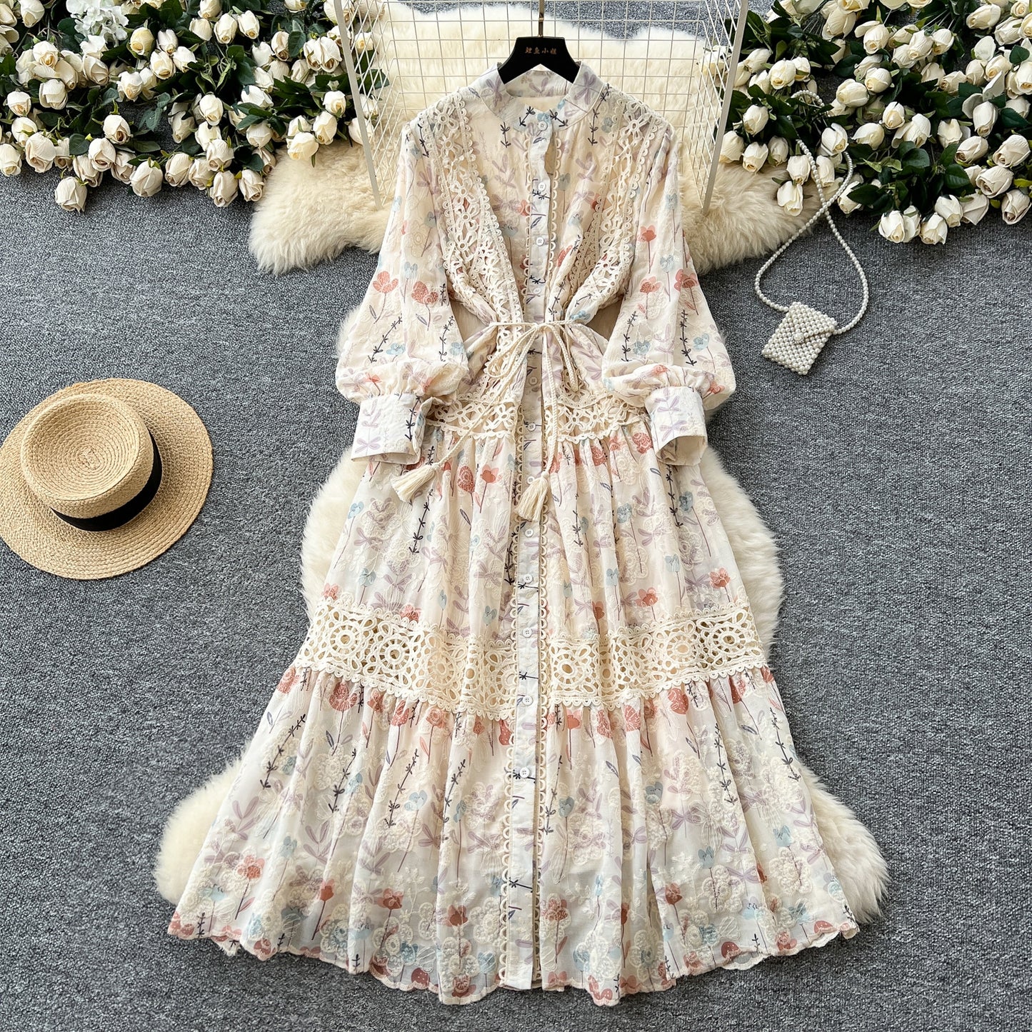 High-grade Lace Patchwork High-waisted Printed Embroidery Dress TP2842