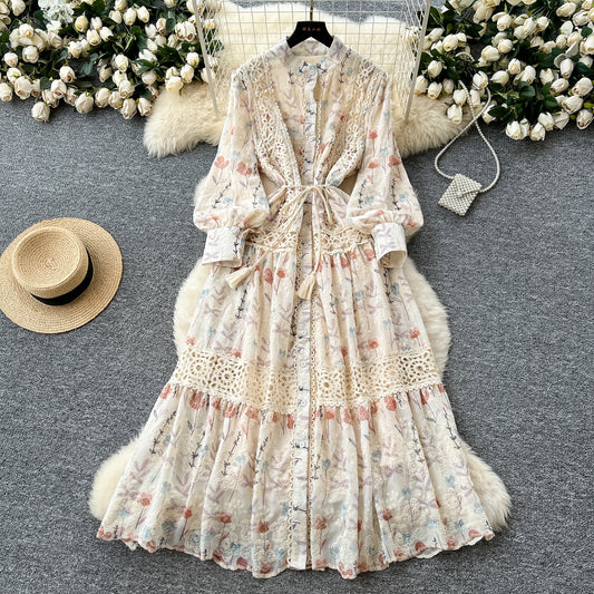 High-grade Lace Patchwork High-waisted Printed Embroidery Dress TP2842