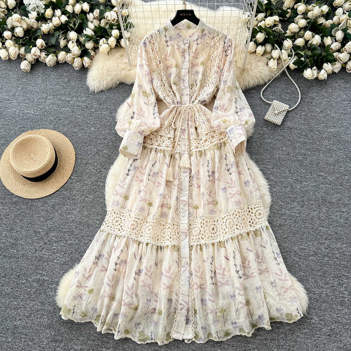 High-grade Lace Patchwork High-waisted Printed Embroidery Dress TP2842