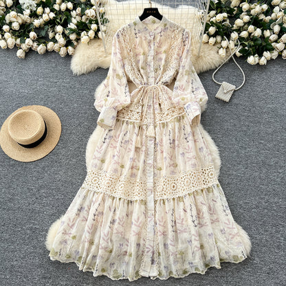 High-grade Lace Patchwork High-waisted Printed Embroidery Dress TP2842