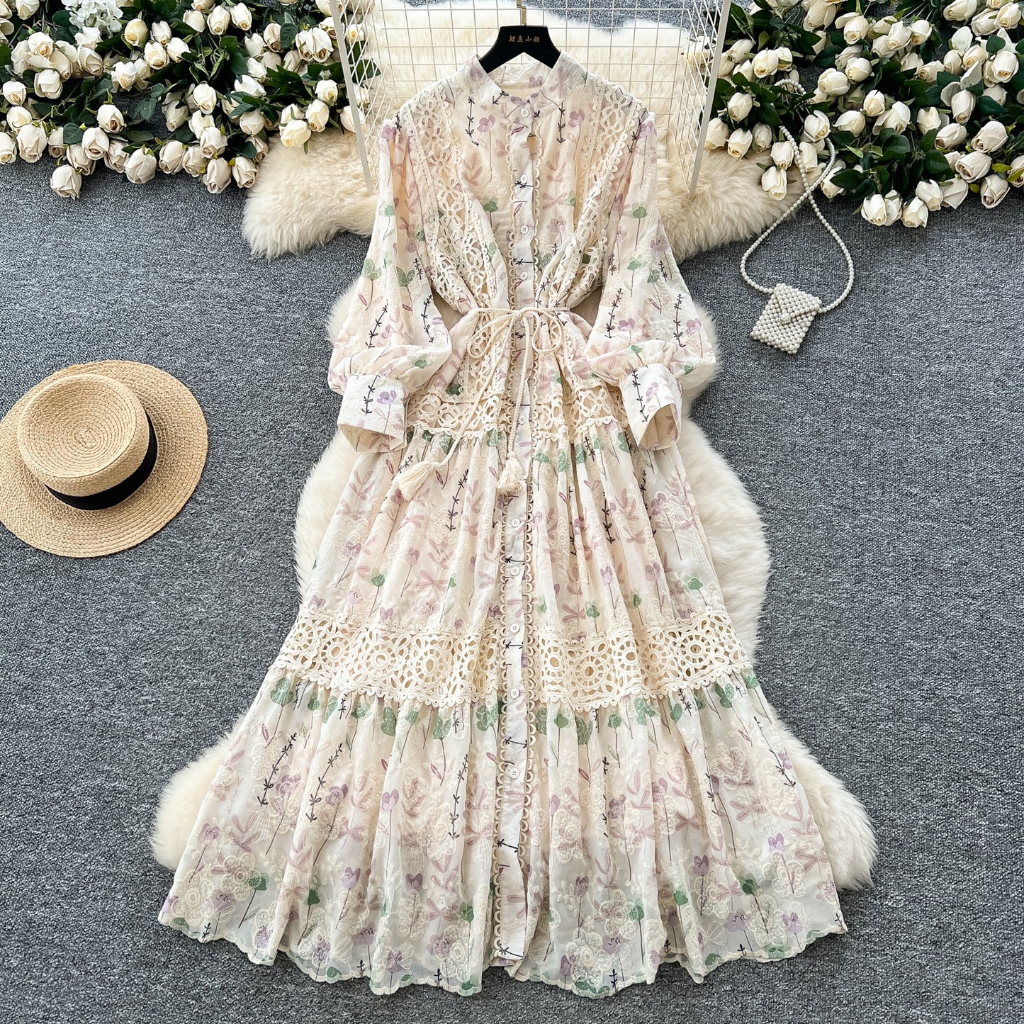 High-grade Lace Patchwork High-waisted Printed Embroidery Dress TP2842