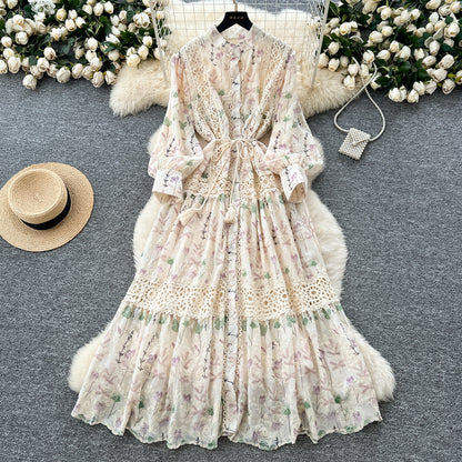 High-grade Lace Patchwork High-waisted Printed Embroidery Dress TP2842