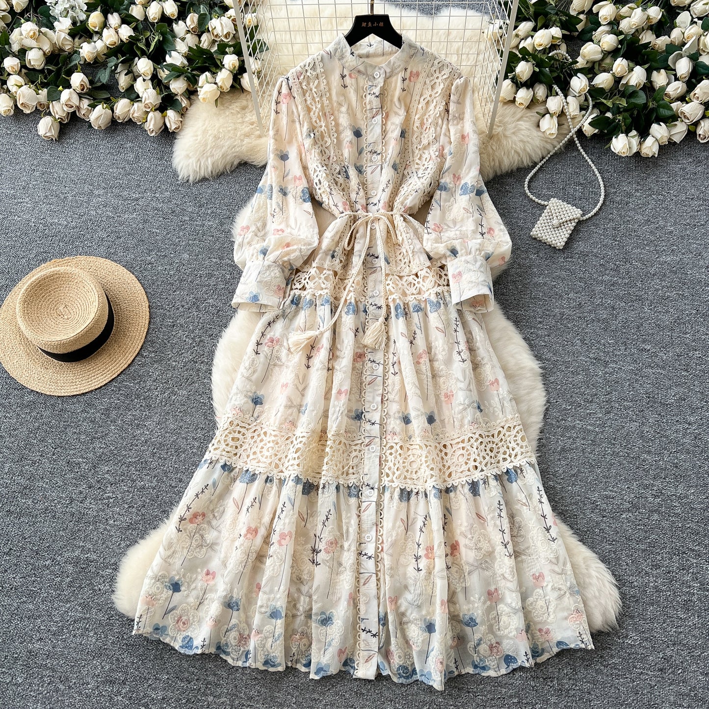 High-grade Lace Patchwork High-waisted Printed Embroidery Dress TP2842