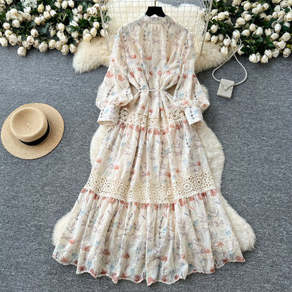 High-grade Lace Patchwork High-waisted Printed Embroidery Dress TP2842