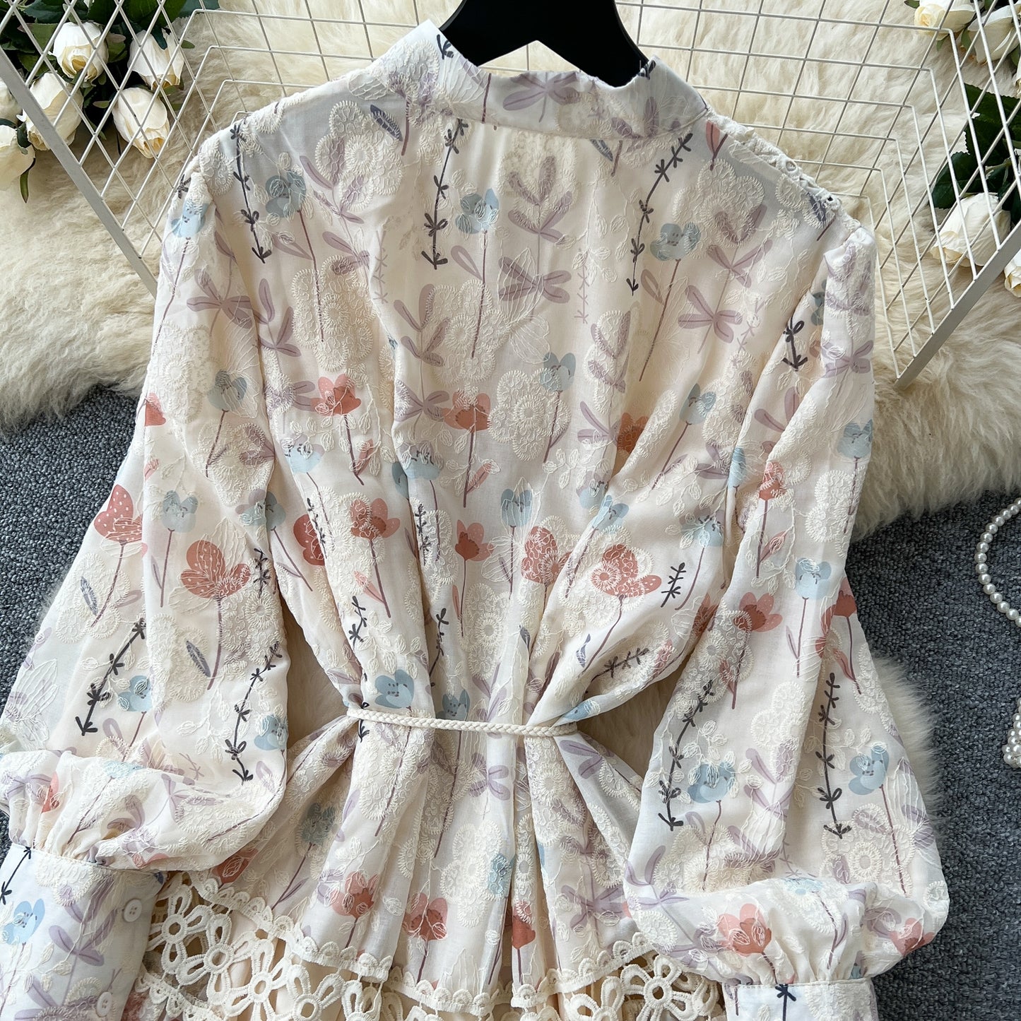 High-grade Lace Patchwork High-waisted Printed Embroidery Dress TP2842