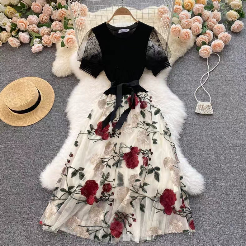 Vintage Floral Embroidery Design Mesh Women Dress TP2843