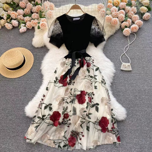 Vintage Floral Embroidery Design Mesh Women Dress TP2843