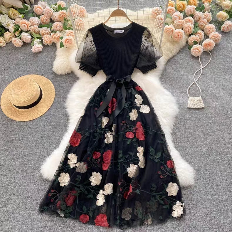 Vintage Floral Embroidery Design Mesh Women Dress TP2843