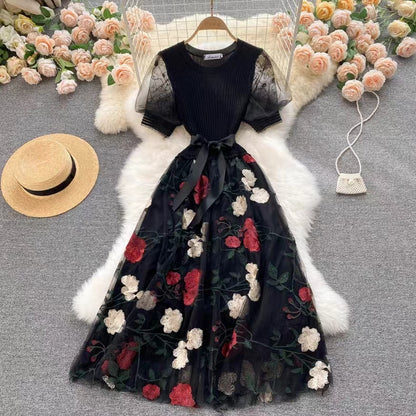 Vintage Floral Embroidery Design Mesh Women Dress TP2843