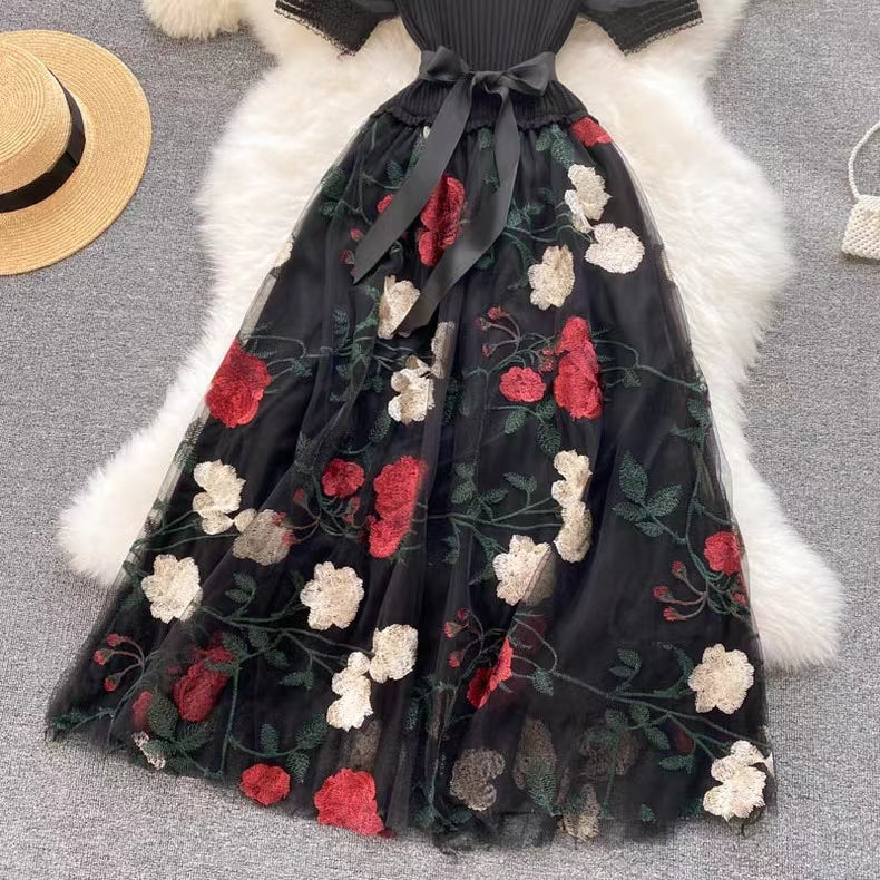 Vintage Floral Embroidery Design Mesh Women Dress TP2843