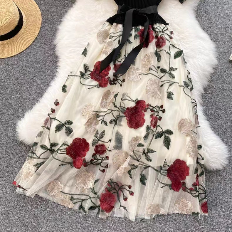 Vintage Floral Embroidery Design Mesh Women Dress TP2843