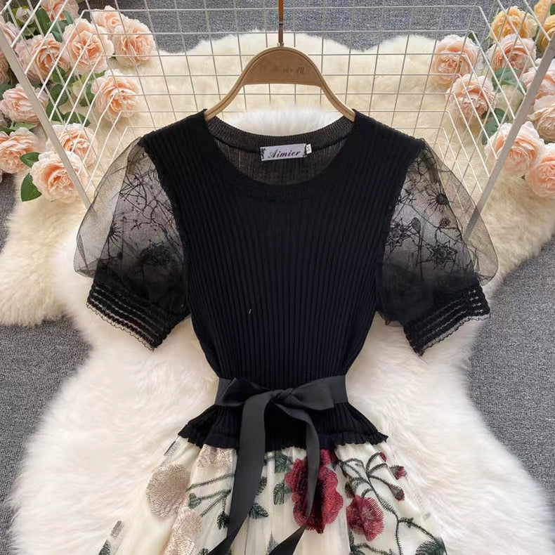 Vintage Floral Embroidery Design Mesh Women Dress TP2843