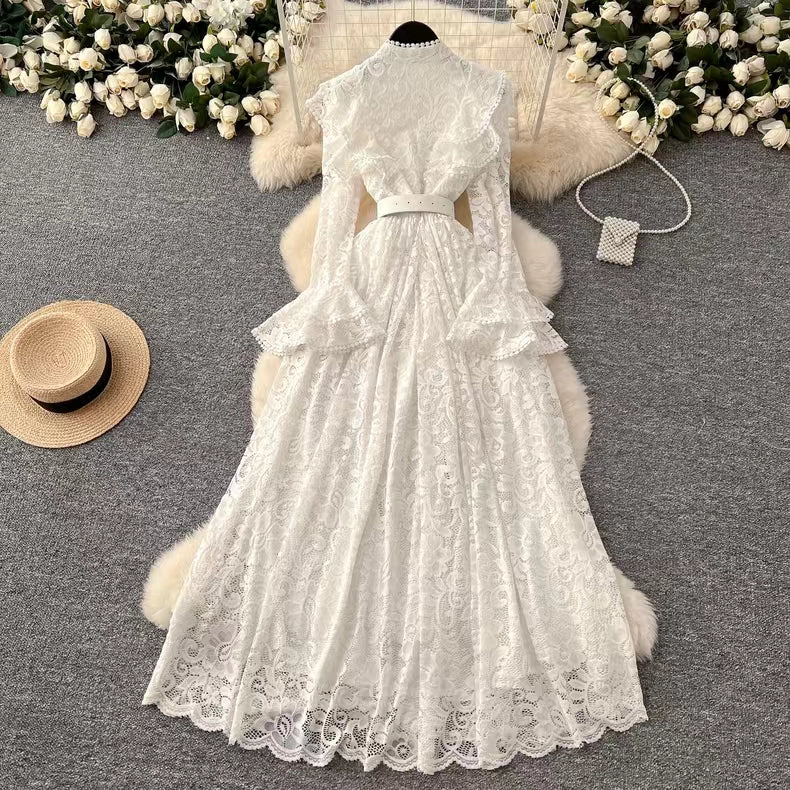 New Vintage Cuff Design Single-breasted High-waisted Lace Embroidery Dress TP2844