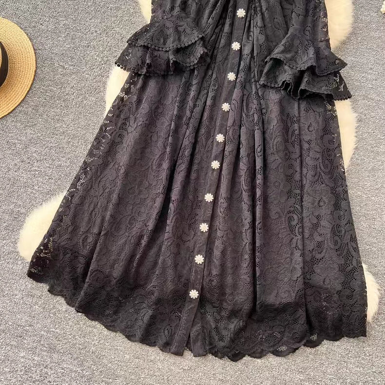 New Vintage Cuff Design Single-breasted High-waisted Lace Embroidery Dress TP2844