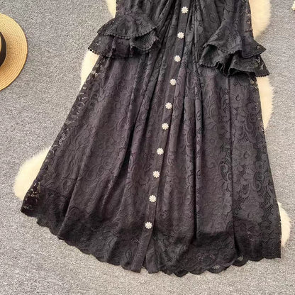 New Vintage Cuff Design Single-breasted High-waisted Lace Embroidery Dress TP2844