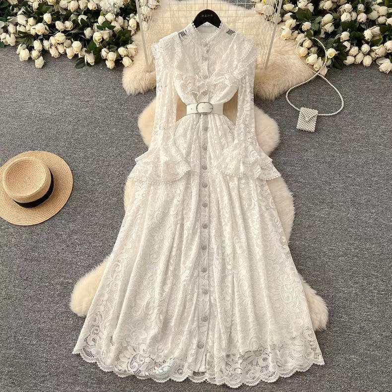 New Vintage Cuff Design Single-breasted High-waisted Lace Embroidery Dress TP2844