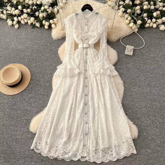 New Vintage Cuff Design Single-breasted High-waisted Lace Embroidery Dress TP2844