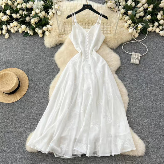 Fashion French High Sense V-neck High Waist Slimming Embroidery White Spaghetti Strap Dress TP2846