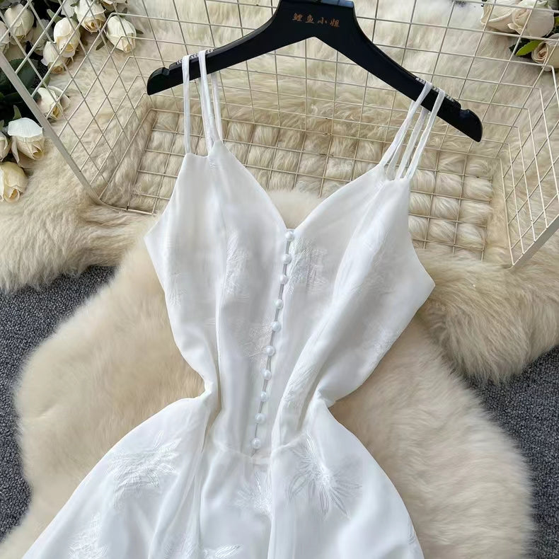 Fashion French High Sense V-neck High Waist Slimming Embroidery White Spaghetti Strap Dress TP2846