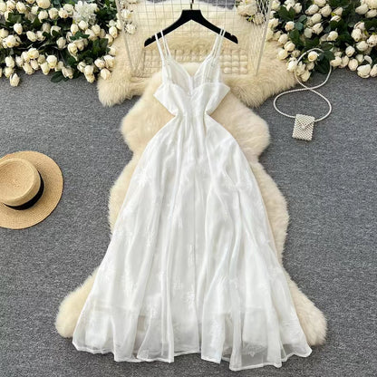 Fashion French High Sense V-neck High Waist Slimming Embroidery White Spaghetti Strap Dress TP2846