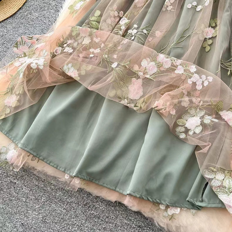 Simple Floral Embroidery Slimming Mesh Dress TP2850