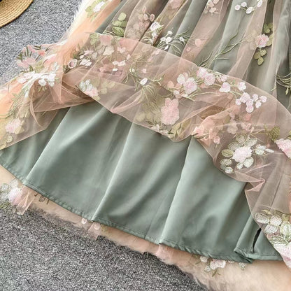 Simple Floral Embroidery Slimming Mesh Dress TP2850