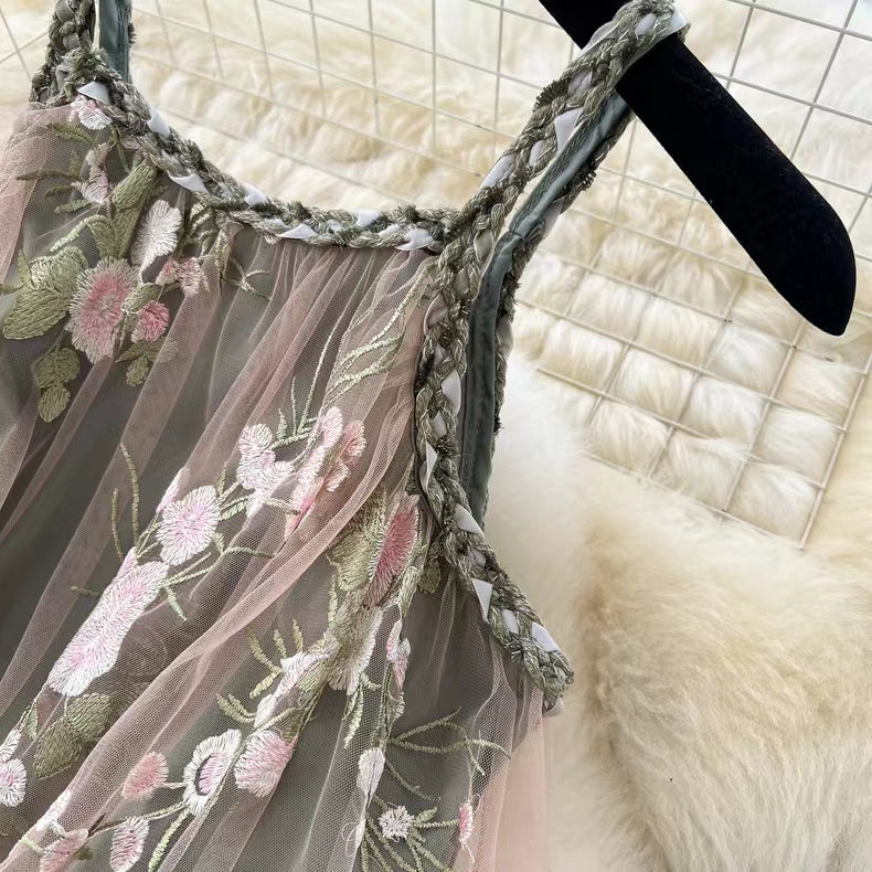 Simple Floral Embroidery Slimming Mesh Dress TP2850