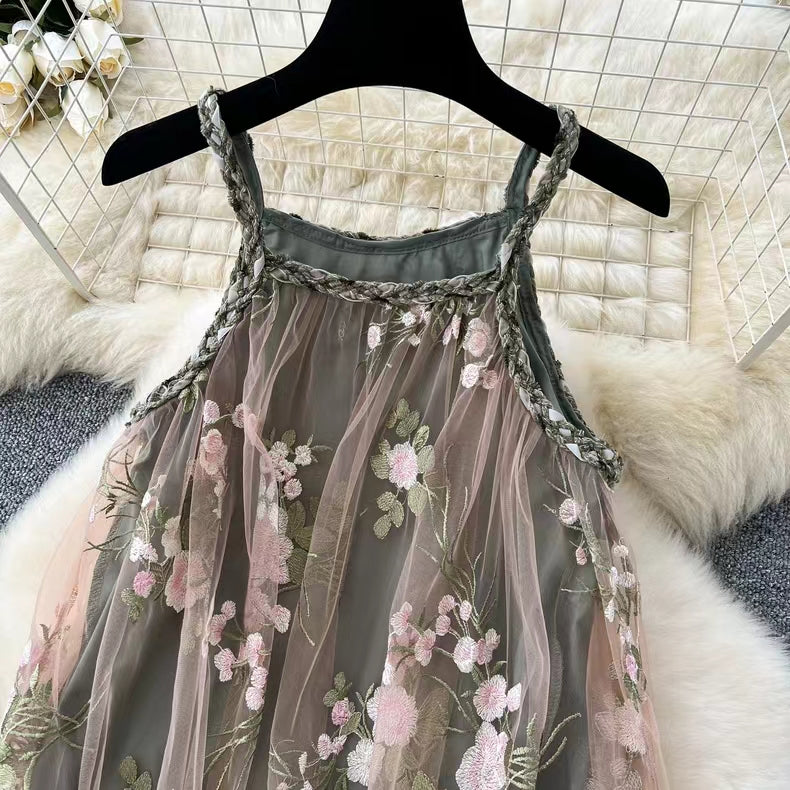 Simple Floral Embroidery Slimming Mesh Dress TP2850